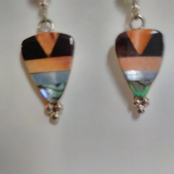 Sterling Silver, Labradorite and Shell Dangle Earrings, Handcrafted - Picture 3 of 10